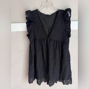 Chic Black Eyelet Mini Dress Size L